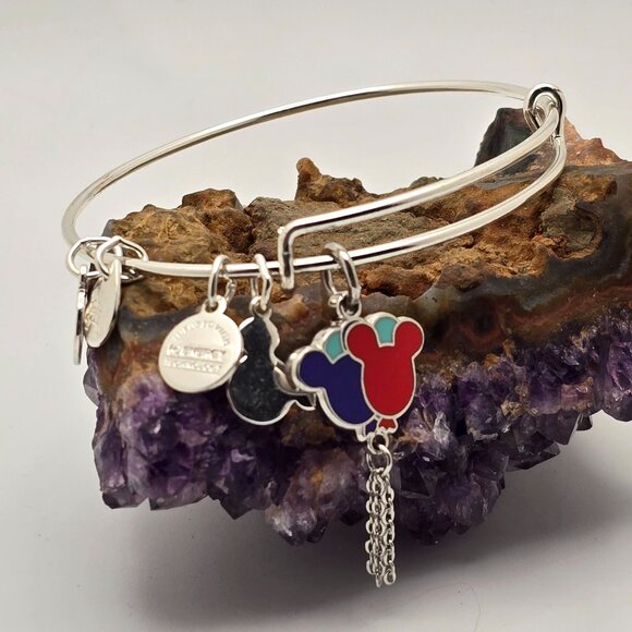 Alex And Ani Mickey Mouse Balloons Charms & Chain Detail Silver Bangle Bracelet - Picture 6 of 7